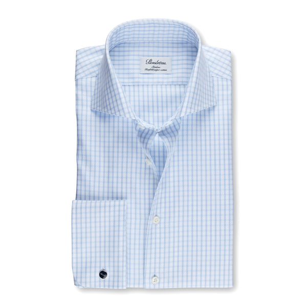 Stenstroms White and Blue Check Fitted Body Dress Shirt (Not French Cuff)